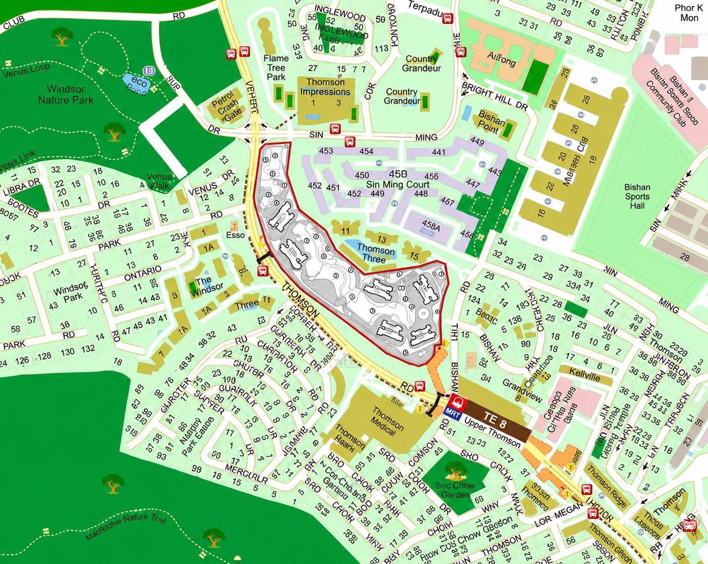 Thomson Reserve Location Map Upper Thomson District 20 Singapore — Bright Hill Drive site boundary, Upper Thomson MRT TE8, MacRitchie Nature Trail, Windsor Nature Park