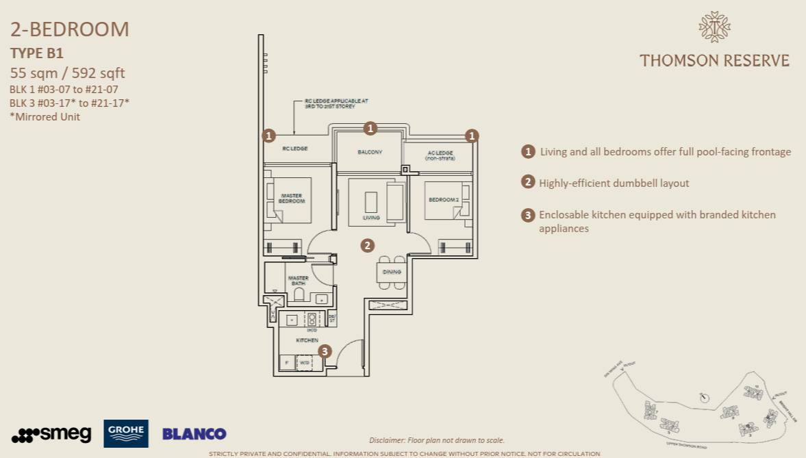 Thomson Reserve 2-Bedroom floor plan, Type B1, 55 sqm 592 sqft