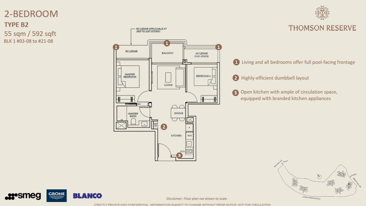 Thomson Reserve 2-Bedroom floor plan, Type B2, 55 sqm 592 sqft