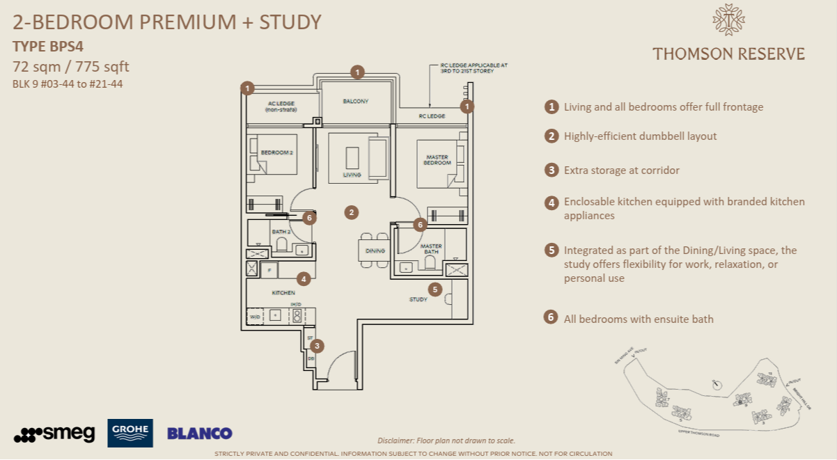 Thomson Reserve 2-Bedroom Premium + Study floor plan, Type BPS4, 72 sqm 775 sqft
