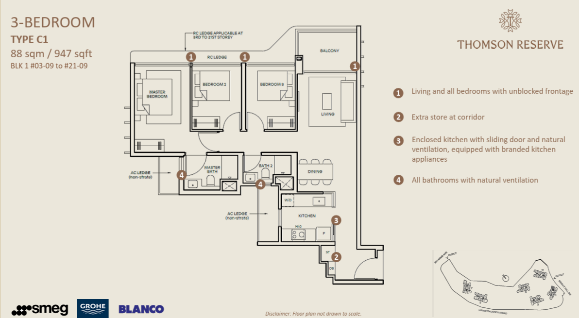 Thomson Reserve 3-Bedroom floor plan, Type C1, 88 sqm 947 sqft