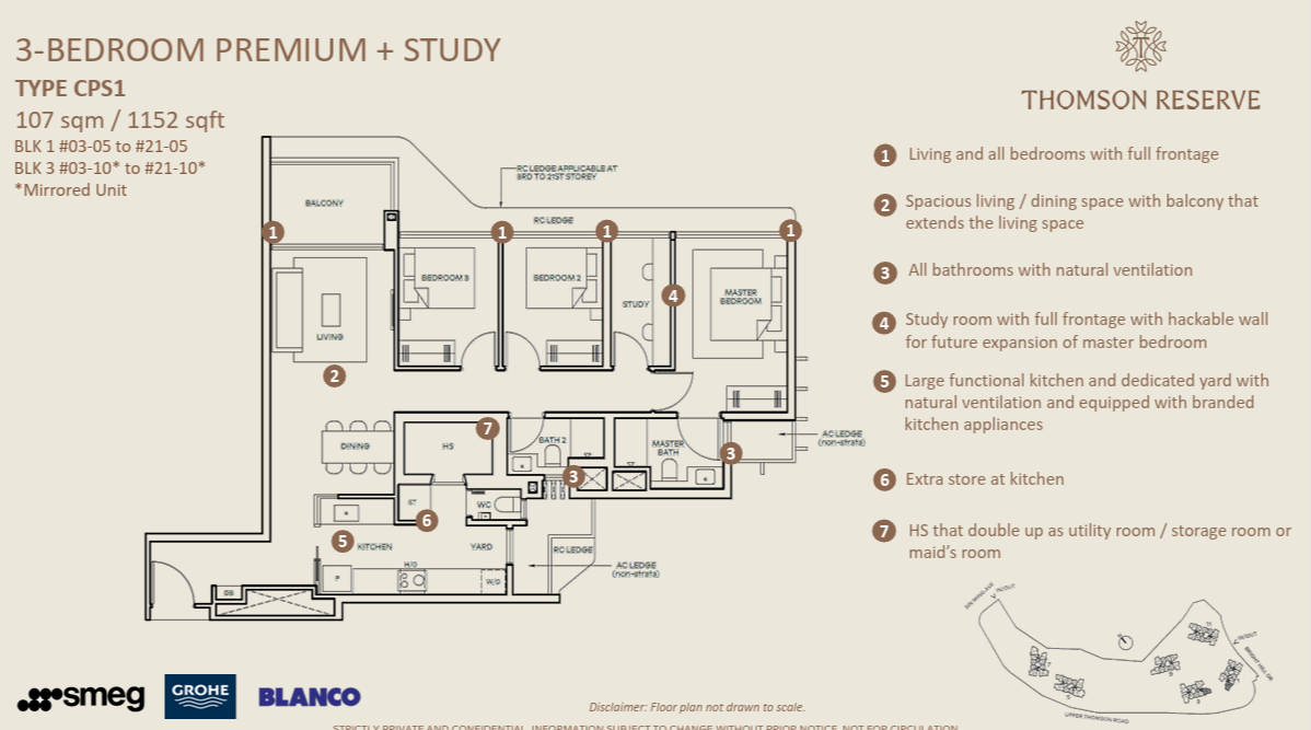 Thomson Reserve 3-Bedroom Premium + Study floor plan, Type CPS1, 107 sqm 1152 sqft