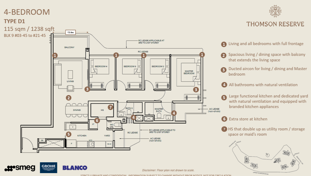 Thomson Reserve 4-Bedroom floor plan, Type D1, 115 sqm 1238 sqft