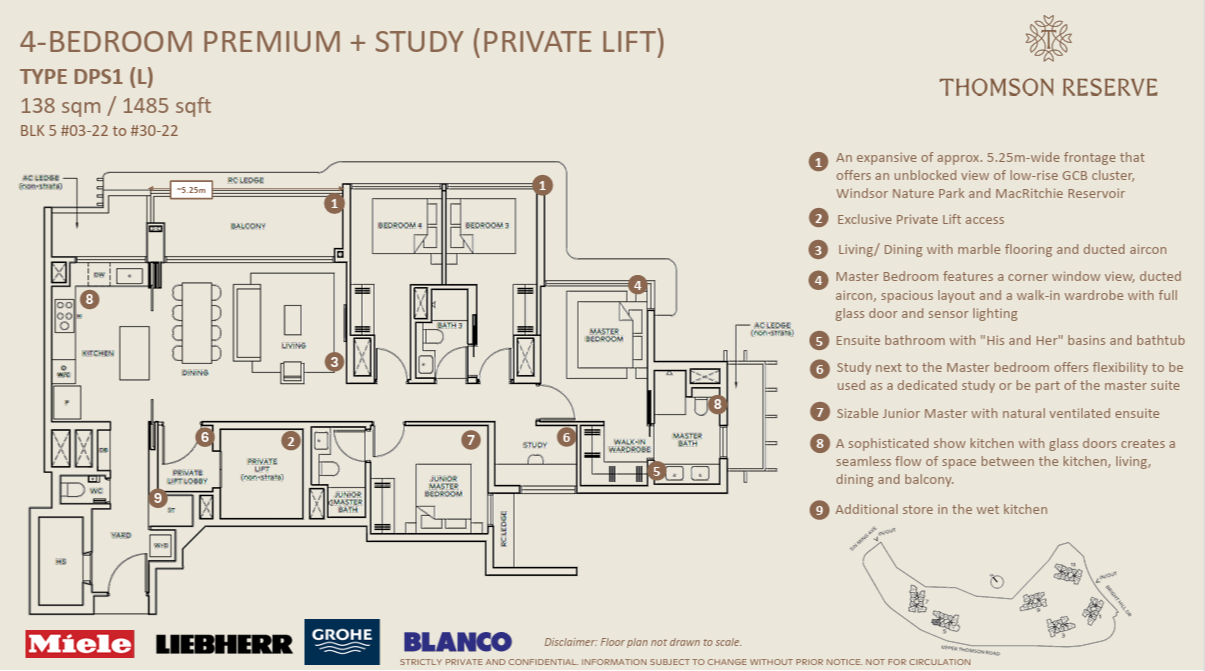 Thomson Reserve 4-Bedroom Premium + Study Private Lift floor plan, Type DPS1(L), 138 sqm 1485 sqft